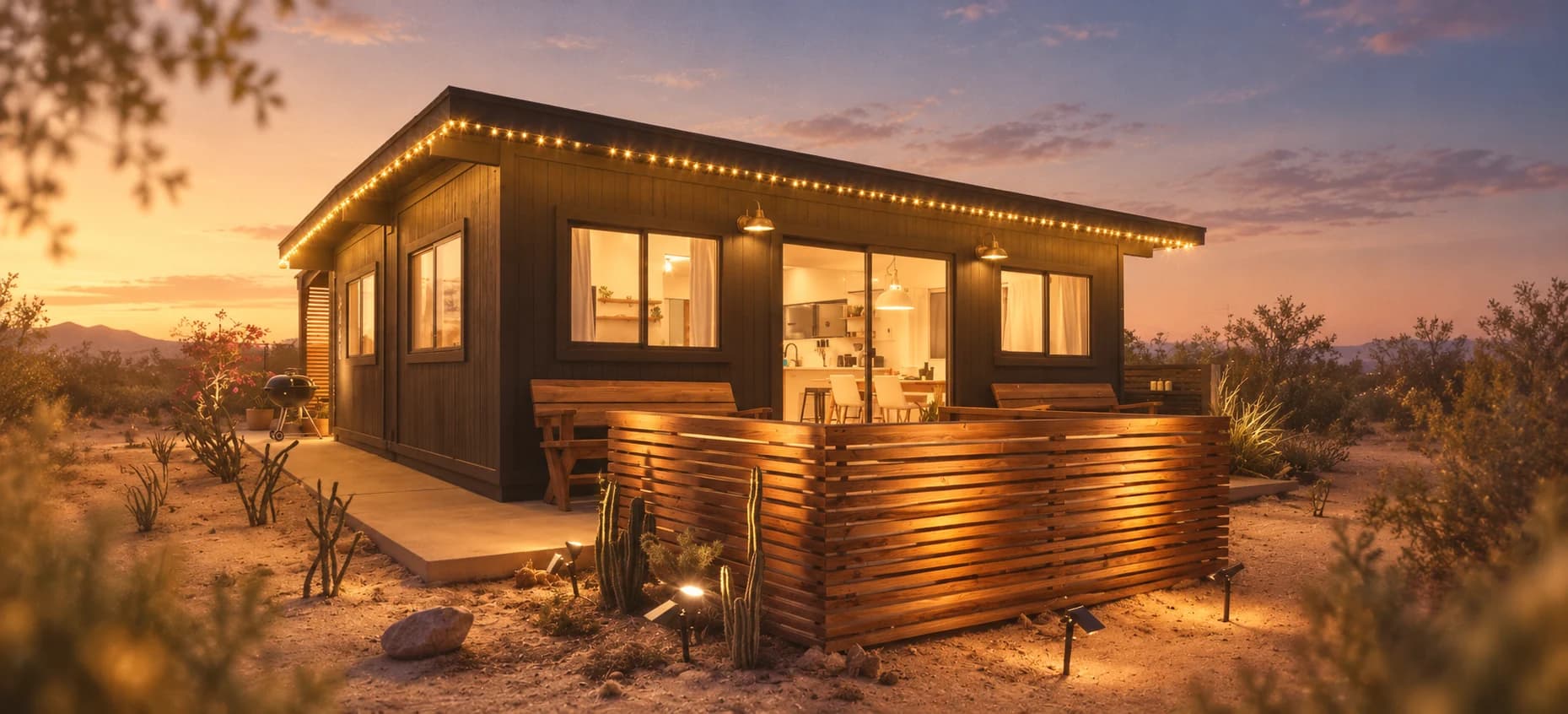The Bluegrass Cabin at a hazy desert dusk, with glowing windows, warm lights along its roof, a cedar patio, and cacti in the foreground