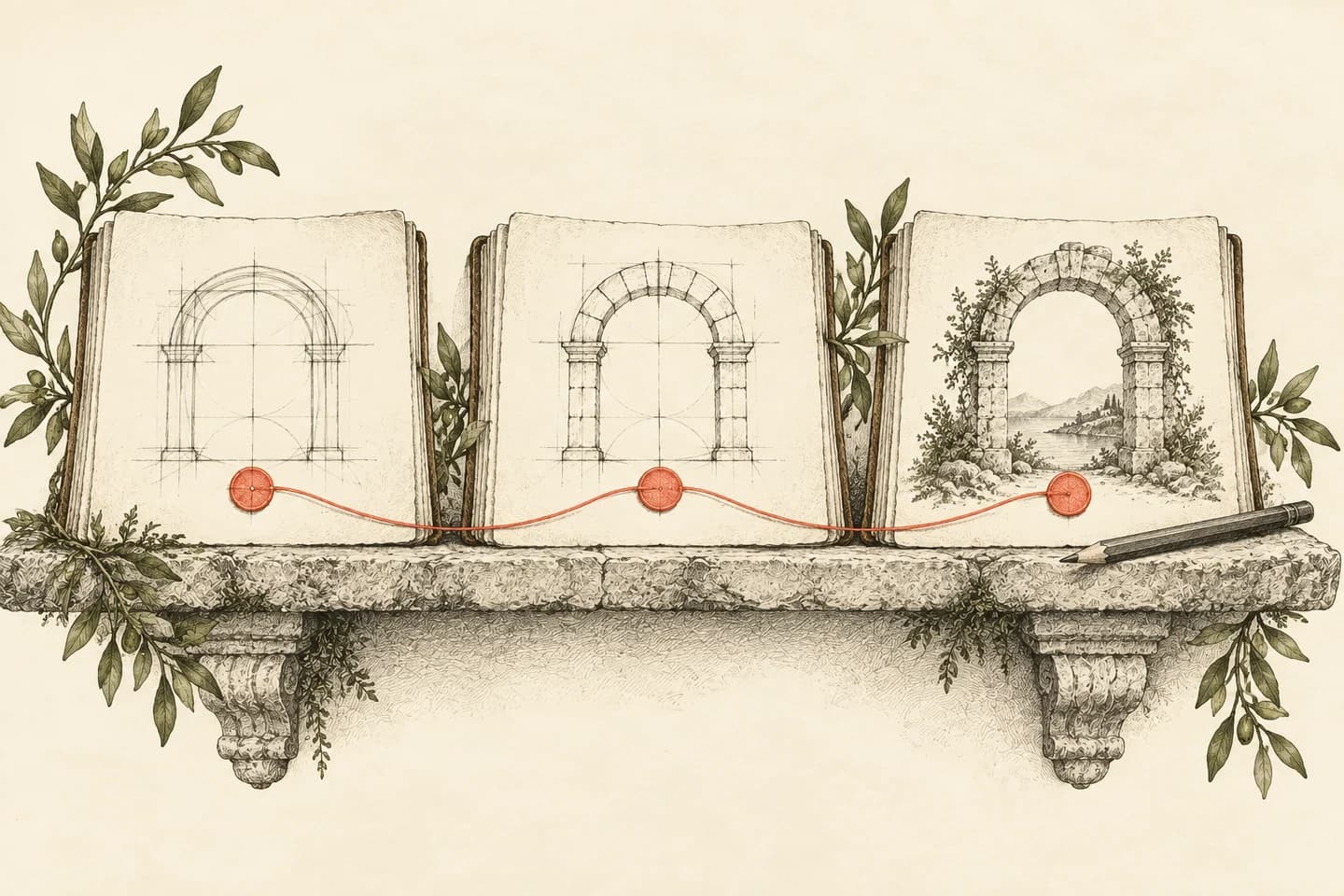 Three folios show an arch evolving from sketch to structure, their coral seals connected by a thread.