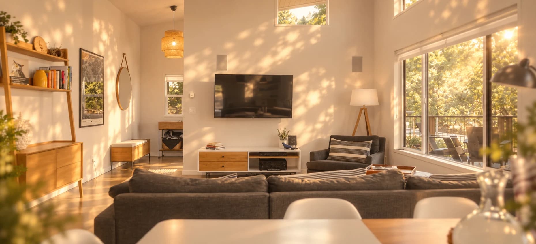 A sunlit Healdsburg living room with a glowing woven pendant, honey-wood furnishings, a charcoal sofa, and soft leaf shadows cast through garden-facing windows