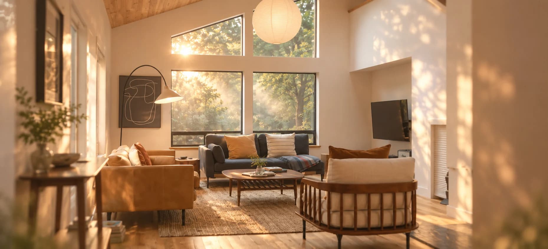 A dreamlike view of The Wild Kindness living room, with a glowing paper lantern, warm wood furnishings, and sunlight filtering through forest-facing windows