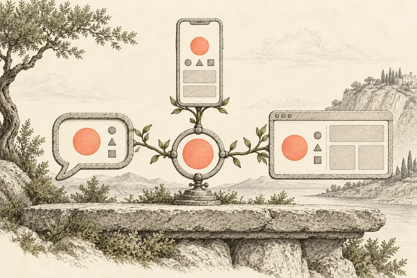 One coral hub connects to chat, phone and dashboard frames that preserve the same coral disk and three fact markers.