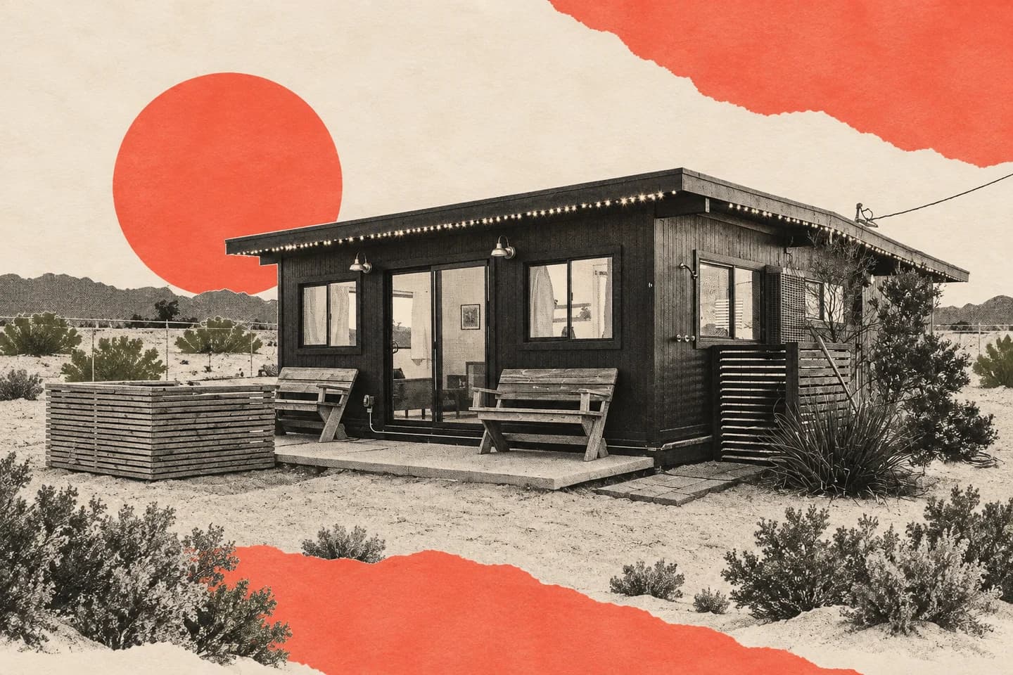 A collage based on the original Bluegrass Cabin photograph, preserving its dark facade, sliding entry, wooden benches and desert setting.