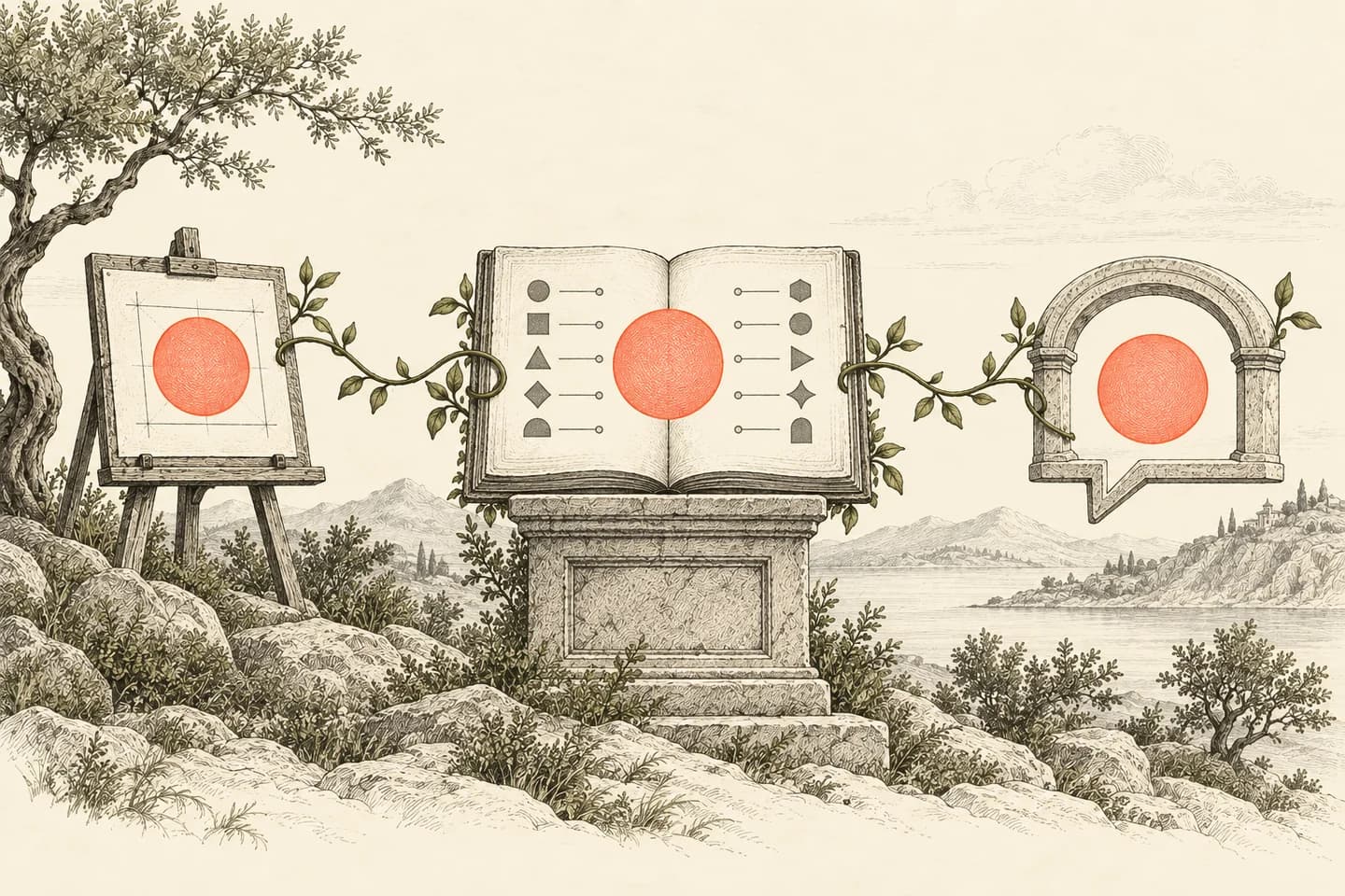 An open folio on a plinth connects to a drafting board and speech frame, each carrying the same coral seal.
