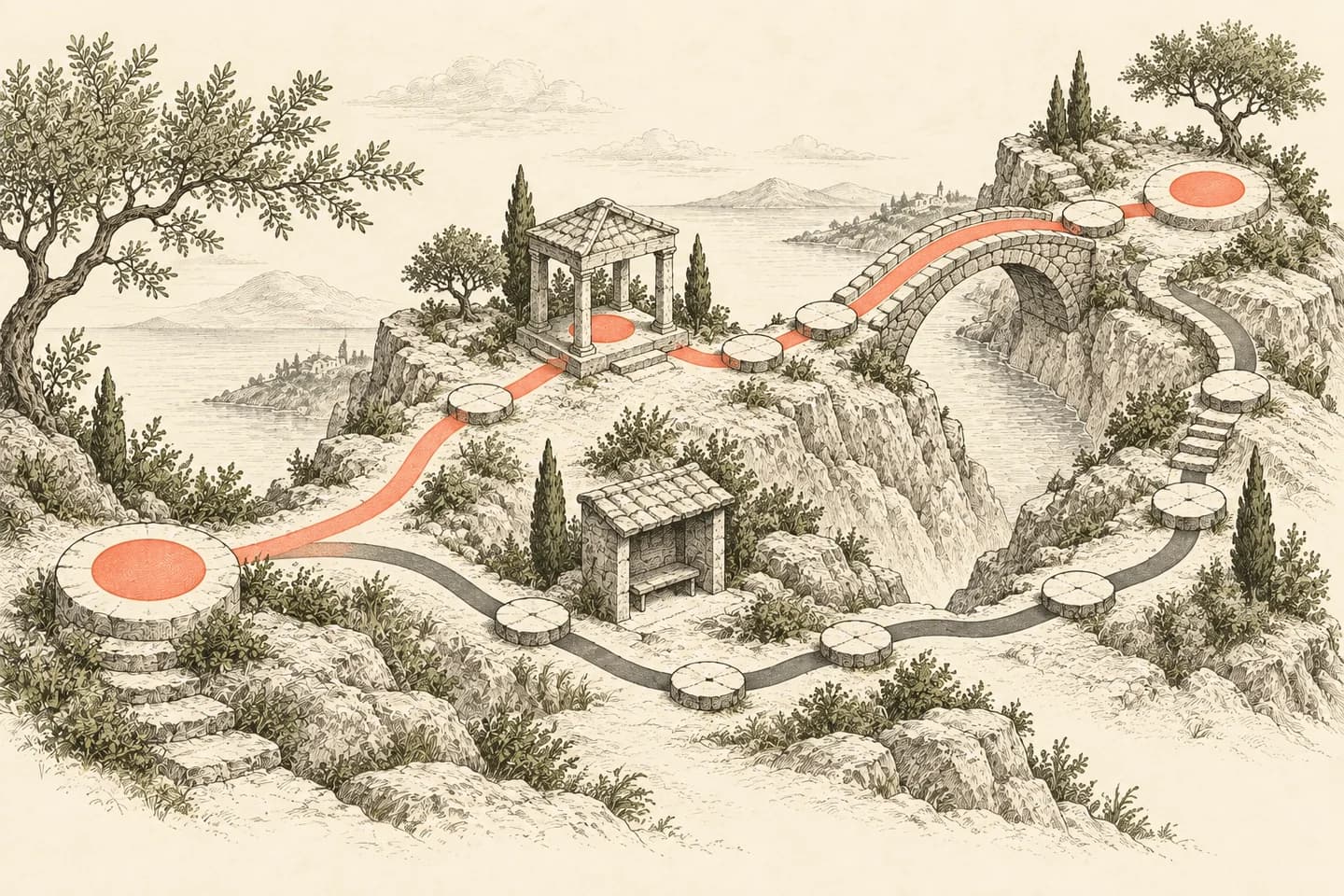 A branching path connects a confirmation pavilion, a waiting shelter and a shared destination across a terraced landscape.