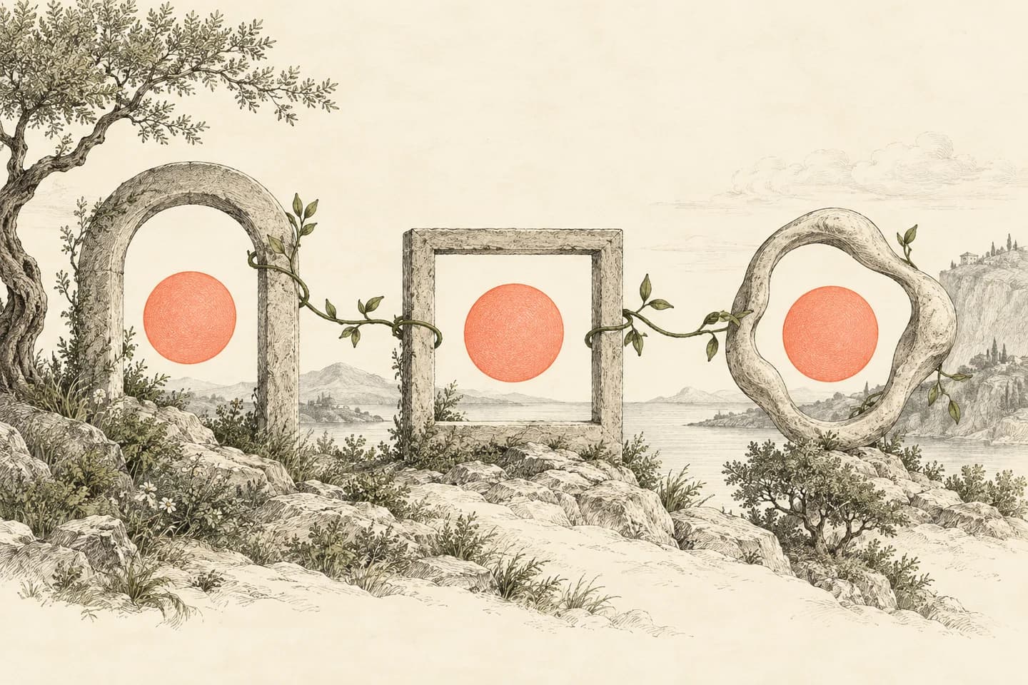 An arch, a square and an organic stone frame each hold the same coral disk, connected by a vine.