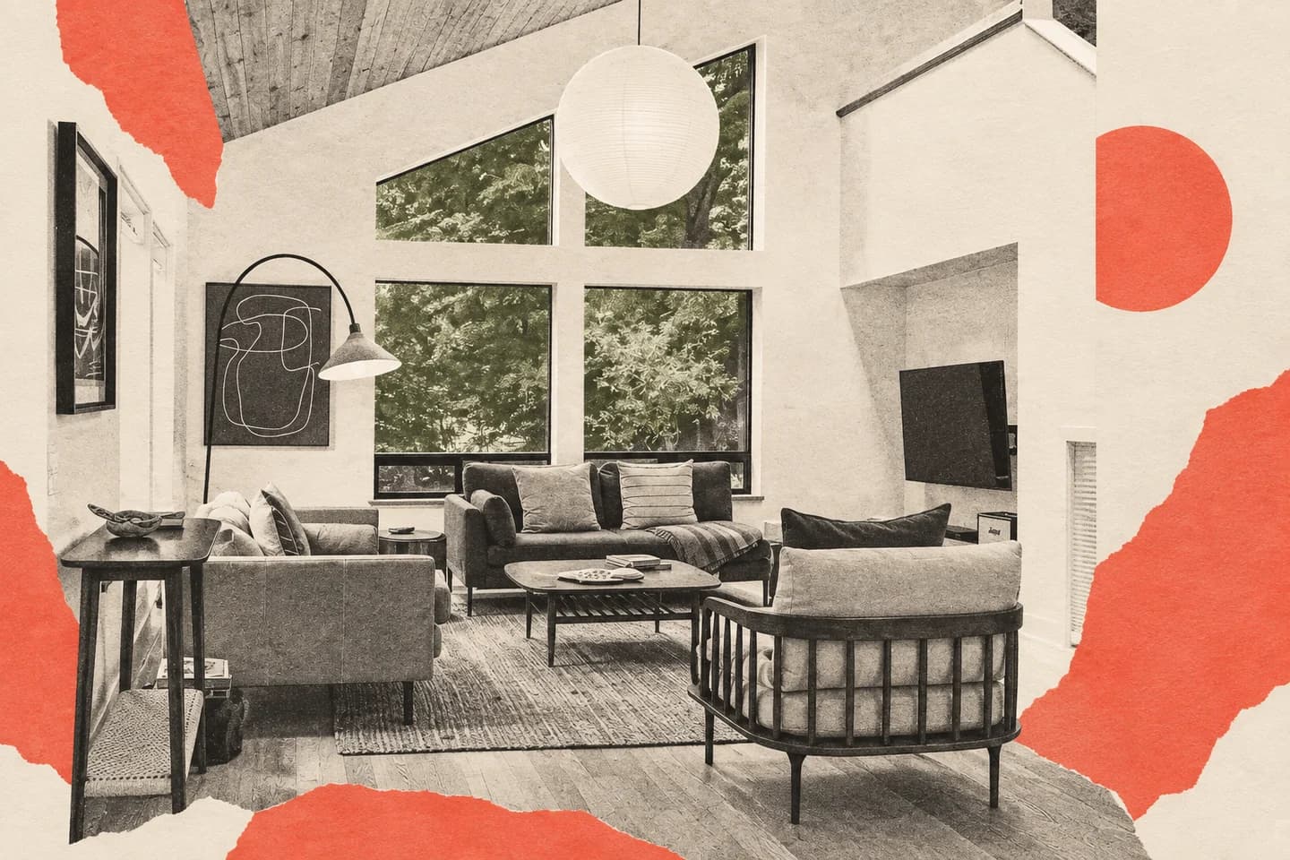 A collage of the Sea Ranch living room from the original photograph, with angled forest windows, a paper lantern and its familiar seating group.
