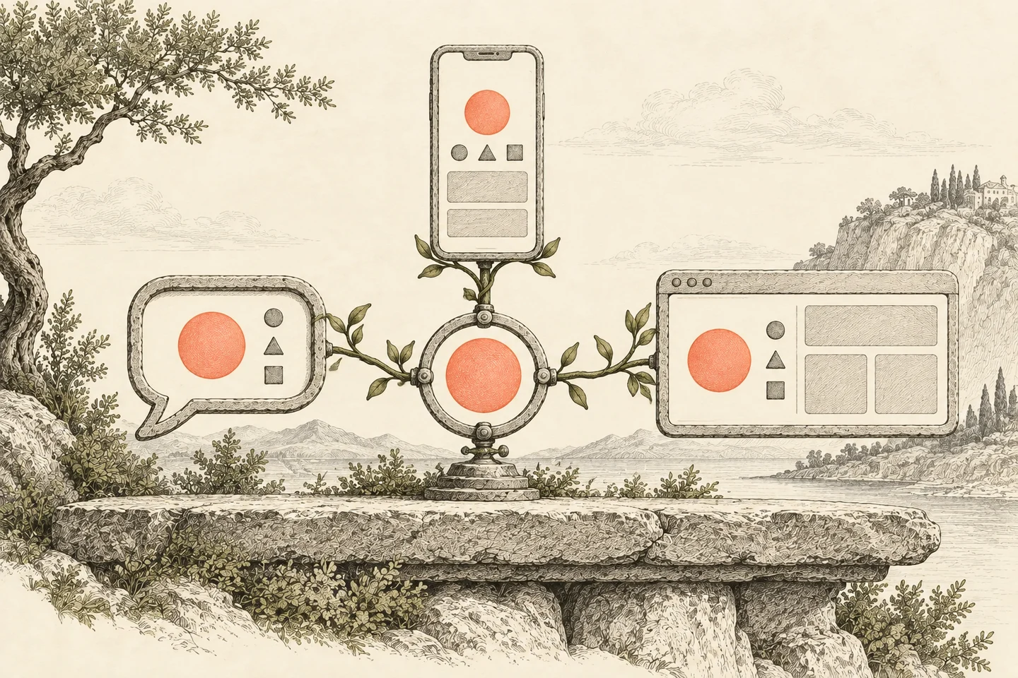 One coral hub connects to chat, phone and dashboard frames that preserve the same coral disk and three fact markers.