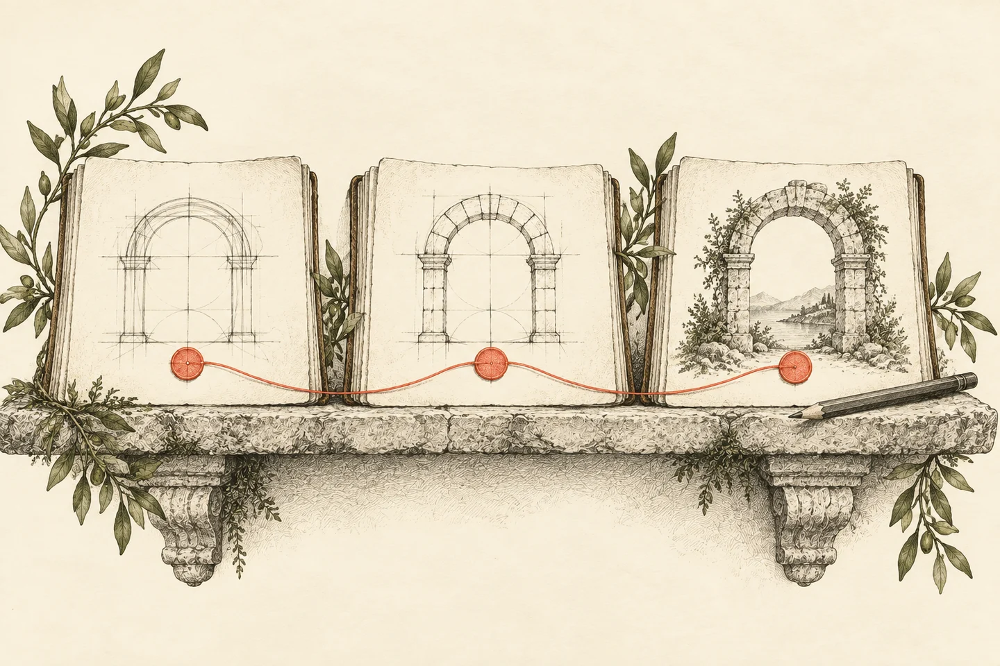 Three folios show an arch evolving from sketch to structure, their coral seals connected by a thread.