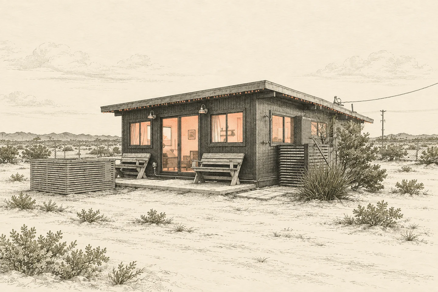 An etching based on the Bluegrass Cabin exterior photograph, showing the low dark cabin, sparse desert shrubs and open sky.