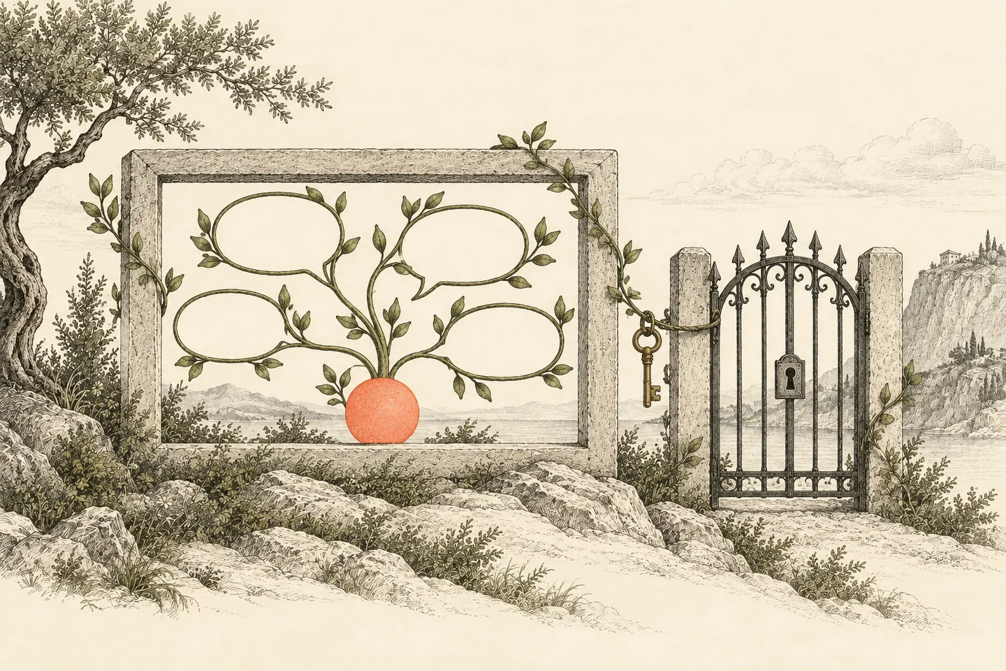 Speech-shaped branches grow inside a stone frame beside a locked gate and its matching key.