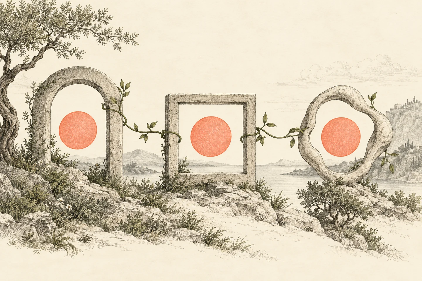 Different stone frames preserve an identical coral center, connected by a continuous vine.