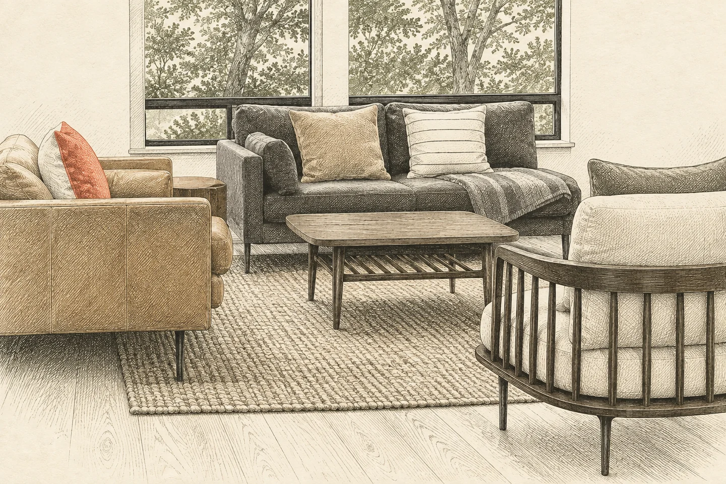 An etched detail of Sea Ranch's leather chair, wood coffee table, woven rug and curved spindle-back chair, based on the original room photograph.