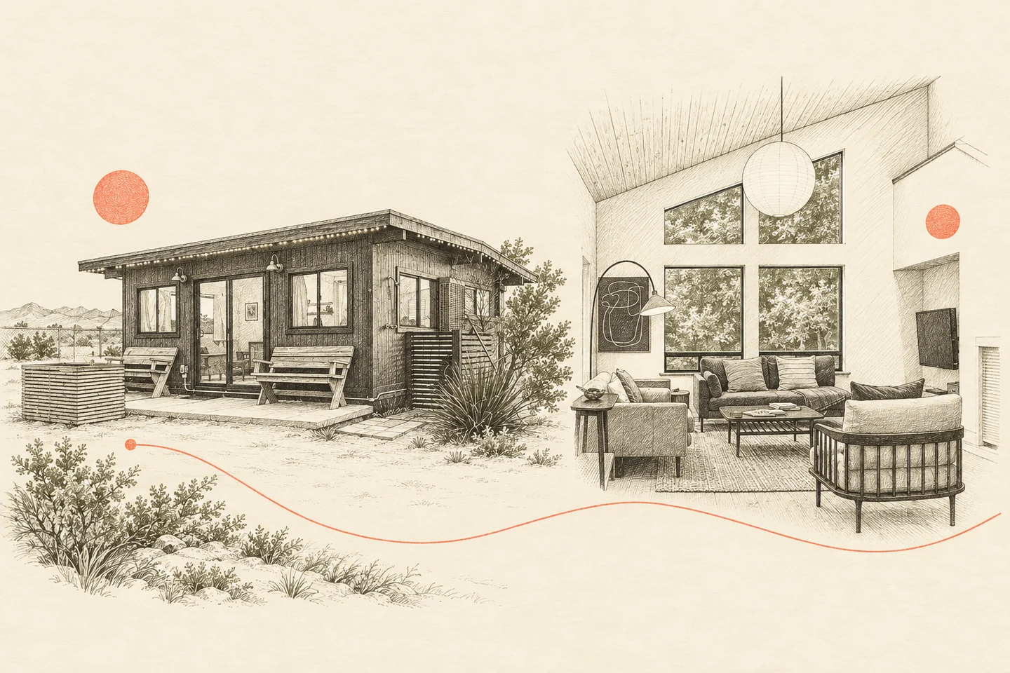 Photo-based etched views of Bluegrass Cabin and the Sea Ranch living room share a cream page with a coral connecting line.